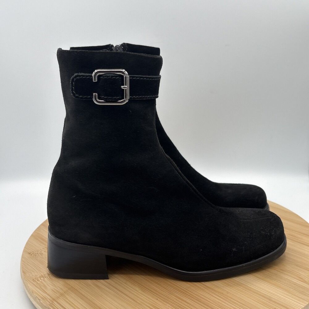 La Canadienne Black Suede Ankle Boots Side Zip Buckle Block Heel Women's 7 M